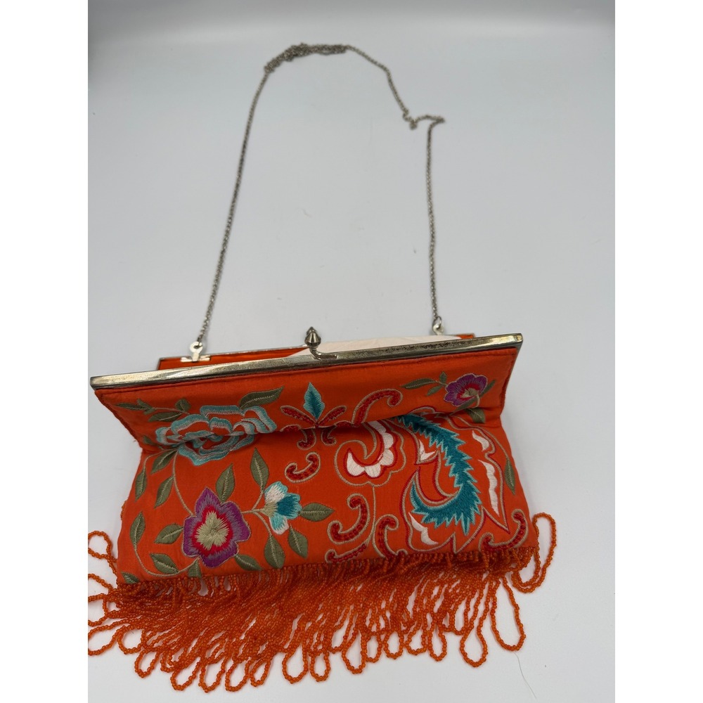 Moyna Orange Embroidered Silk Floral Clutch Beaded Fringe Evening Bag w/ Chain - Picture 3 of 8